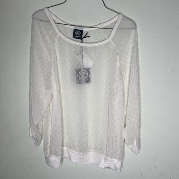 Bobeau Blouse Women Raised Polka Dot  Medium  Ivory Sheer Long Sleeve Crew Neck - Picture 2 of 11